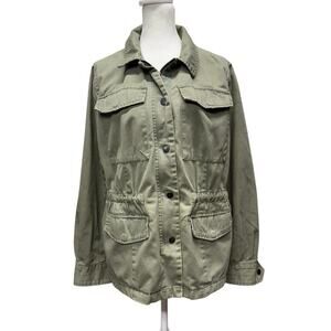 a.n.a. Olive Green Utility Jacket Drawstring Waist Snap Zip Closure Size L